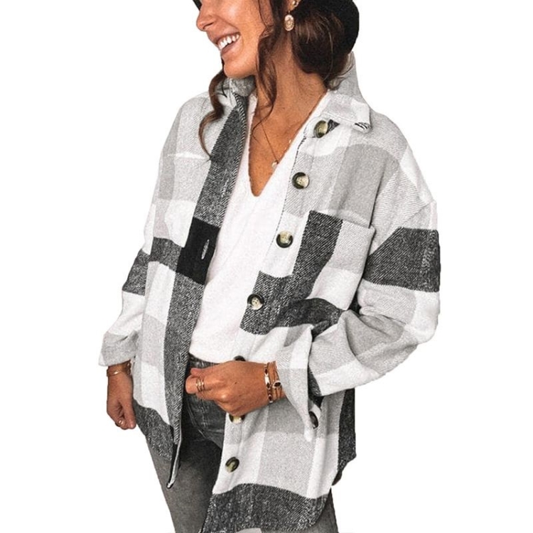 Lapel Long Sleeve Flannel Check Shirt Loose Casual Cardigan Jacket for Ladies (Color:Black And White Size:M)