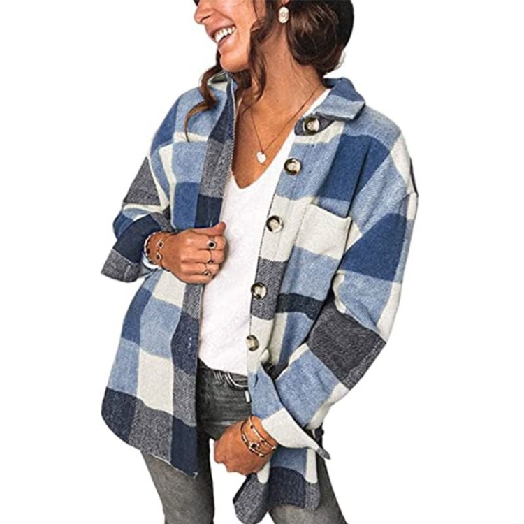 Lapel Long Sleeve Flannel Check Shirt Loose Casual Cardigan Jacket for Ladies (Color:Blue Size:XL)