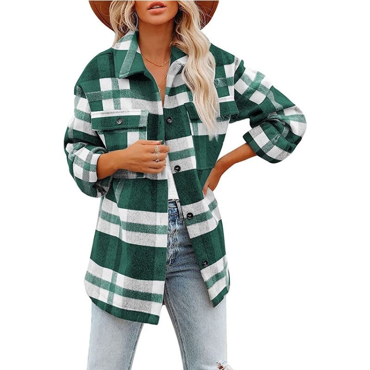 Lapel Long Sleeve Flannel Check Shirt Loose Casual Cardigan Jacket for Ladies (Color:Green Size:S)