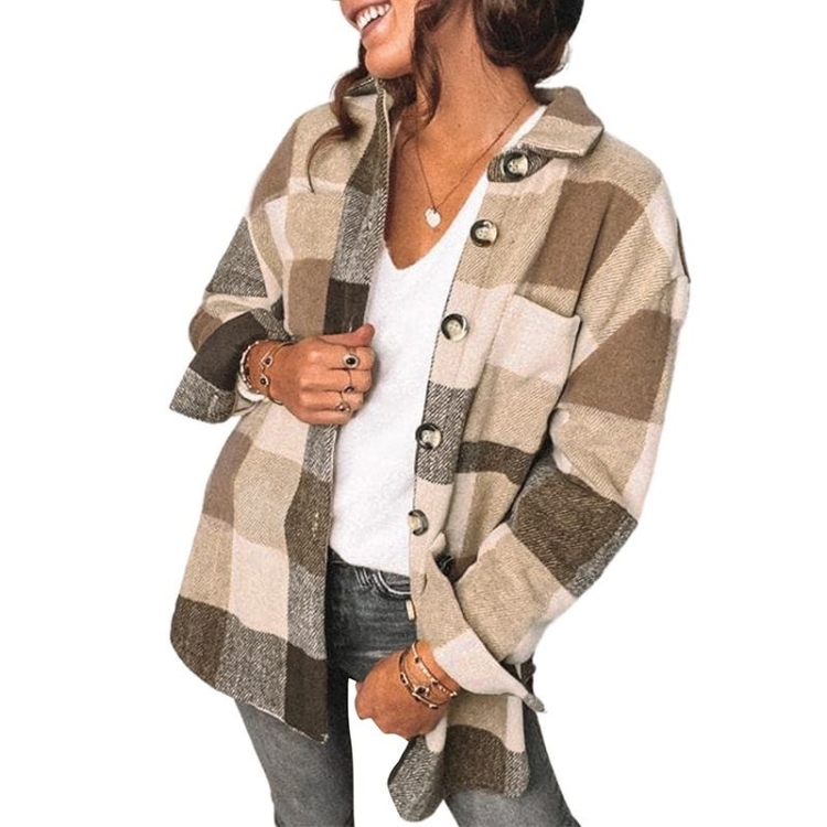 Lapel Long Sleeve Flannel Check Shirt Loose Casual Cardigan Jacket for Ladies (Color:Khaki Size:L)