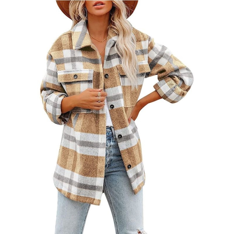 Lapel Long Sleeve Flannel Check Shirt Loose Casual Cardigan Jacket for Ladies (Color:Khaki Size:XL)