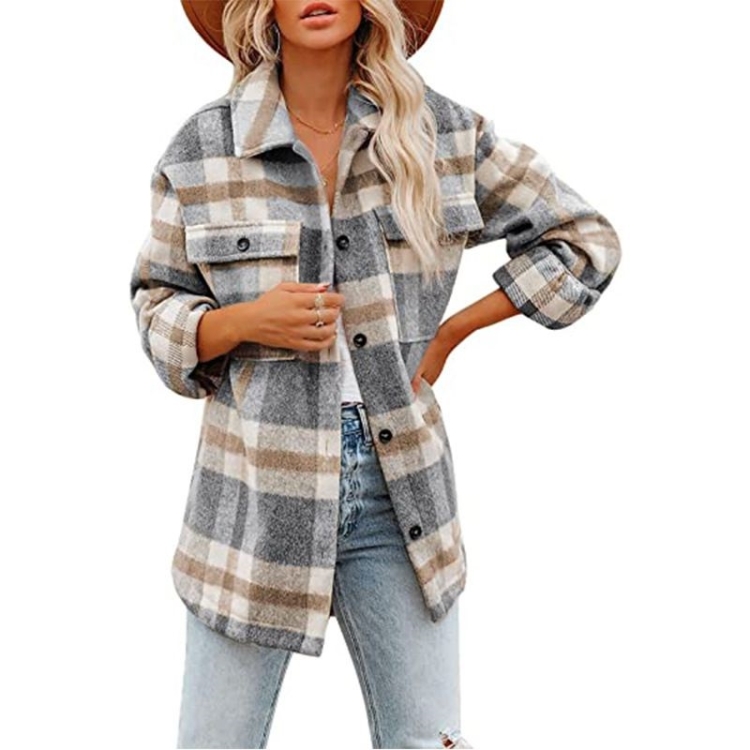 Lapel Long Sleeve Flannel Check Shirt Loose Casual Cardigan Jacket for Ladies (Color:Light Gray Size:L)