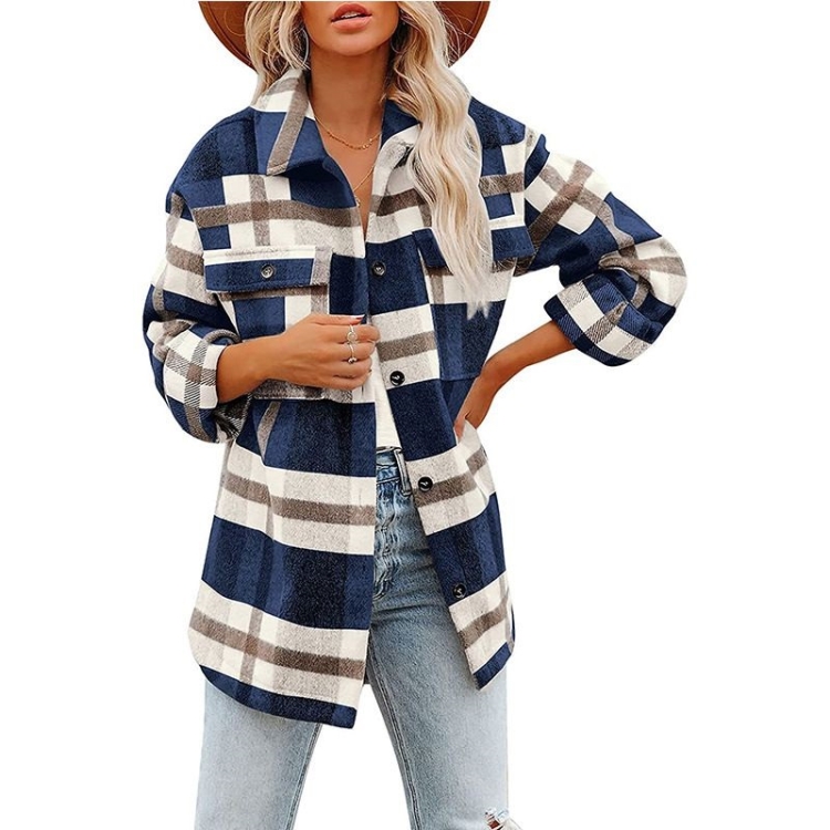 Lapel Long Sleeve Flannel Check Shirt Loose Casual Cardigan Jacket for Ladies (Color:Navy Blue Size:S)
