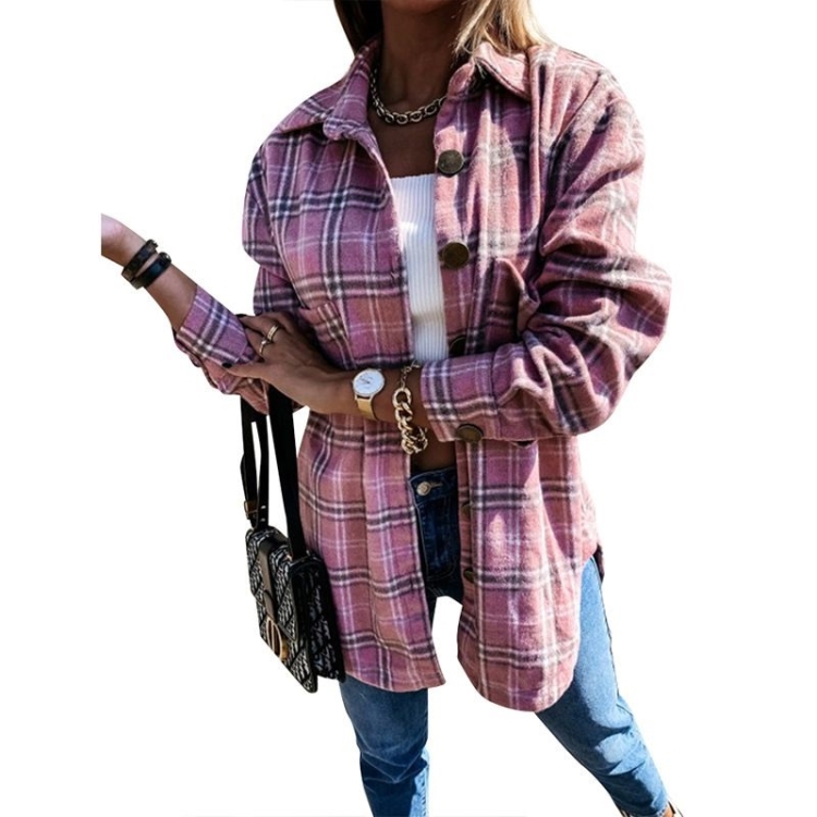 Lapel Long-sleeved Plaid Cardigan Shirt Loose Casual Woolen Coat for Ladies (Color:Pink Size:L)