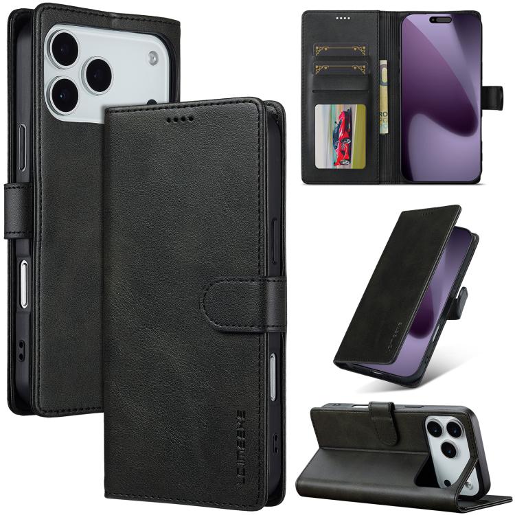 LC.IMEEKE Calf Texture Horizontal Flip Leather Case For iPhone 17 Pro(Black)