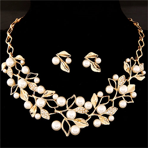 Leaf Crystal Simulated Pearl Wedding Jewelry Necklaces Earrings Sets(Gold)