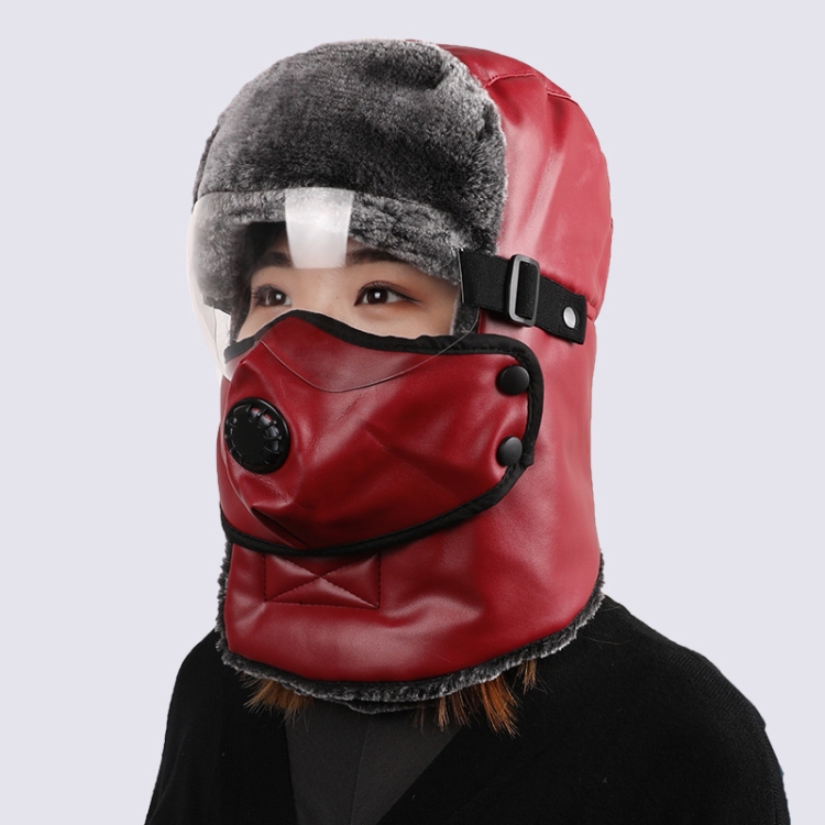 Leather Lei Feng Hat Winter Warm Ear Protection Cotton Cap, Style: Transparent Lens Wine Red