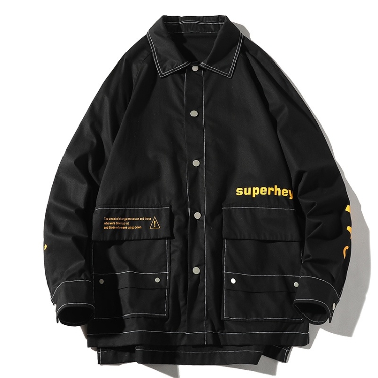 Letters Print Long Sleeve Coat Casual Jacket for Men (Color:Black Size:XL)