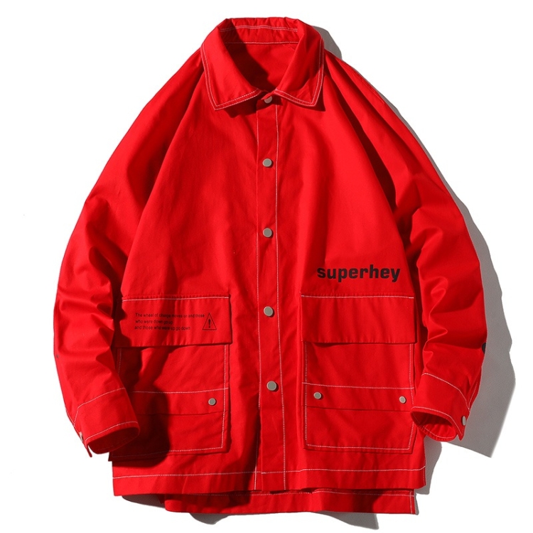 Letters Print Long Sleeve Coat Casual Jacket for Men (Color:Red Size:L)