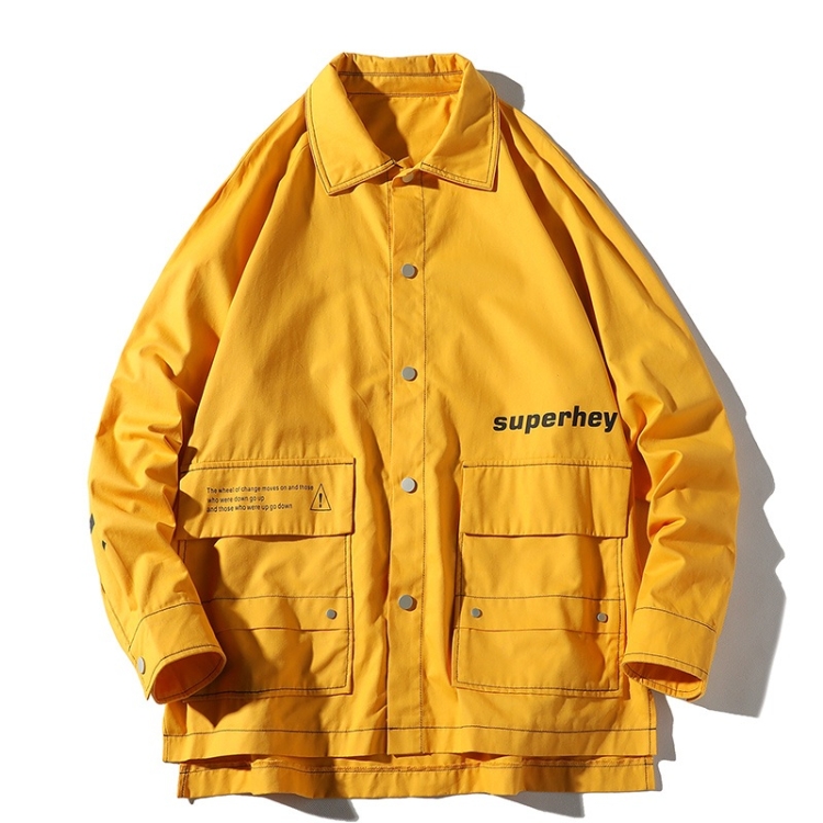 Letters Print Long Sleeve Coat Casual Jacket for Men (Color:Yellow Size:XXL)