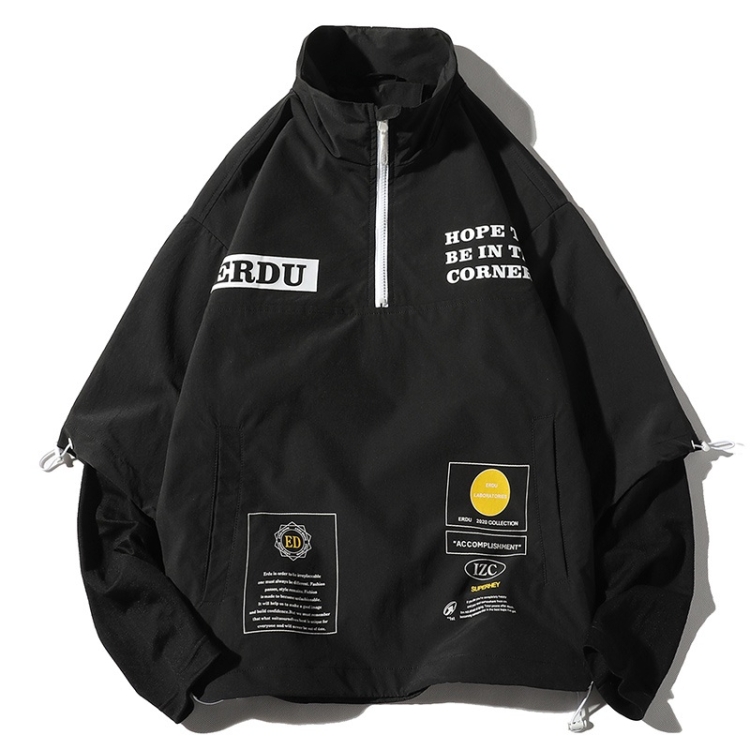 Letters Printed Pullover Jacket Couple Loose Casual Jacket (Color:Black Size:L)
