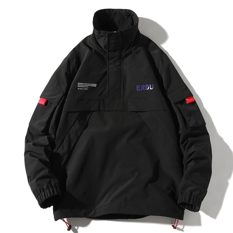 Letters Printed Stand Collar Pullover Coat Loose Casual Jacket for Men (Color:Black Size:XXL)
