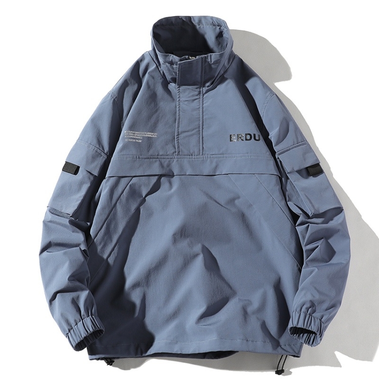 Letters Printed Stand Collar Pullover Coat Loose Casual Jacket for Men (Color:Grey Blue Size:M)