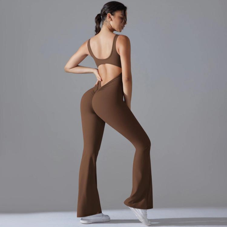 Long Yoga Backless Hip Lift Slimming Wide-Leg Bodysuit, Size: L(Chestnut)