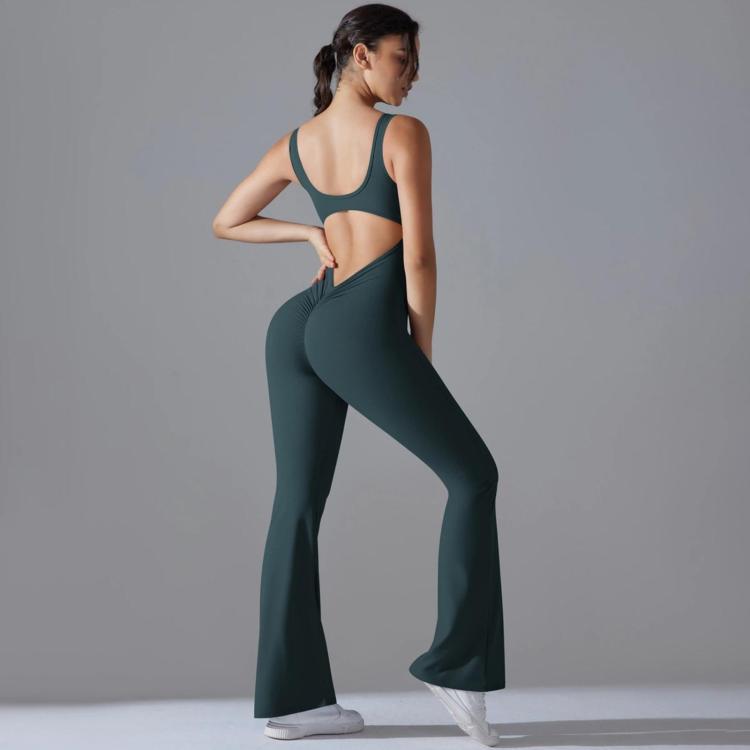 Long Yoga Backless Hip Lift Slimming Wide-leg Bodysuit, Size: L(Wood Green)