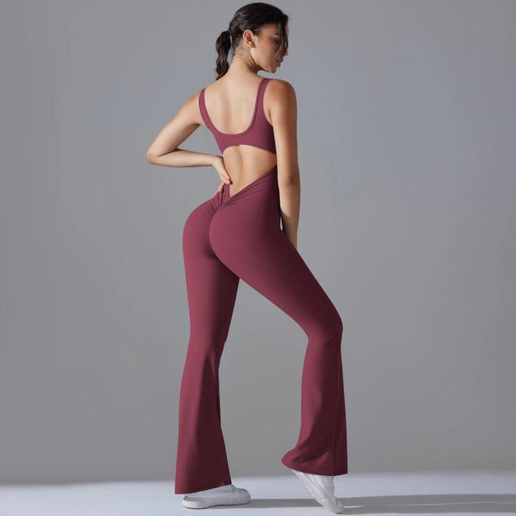 Long Yoga Backless Hip Lift Slimming Wide-leg Bodysuit, Size: XL(Maroon)