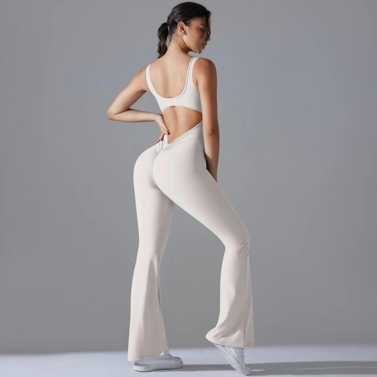 Long Yoga Backless Hip Lift Slimming Wide-Leg Bodysuit, Size: XL(White-gray)
