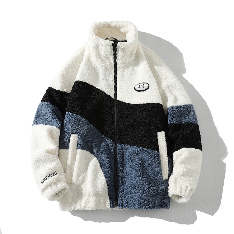 Loose Patchwork Colorblocked Lambskin Coat Men Jacket, Size: S(White)