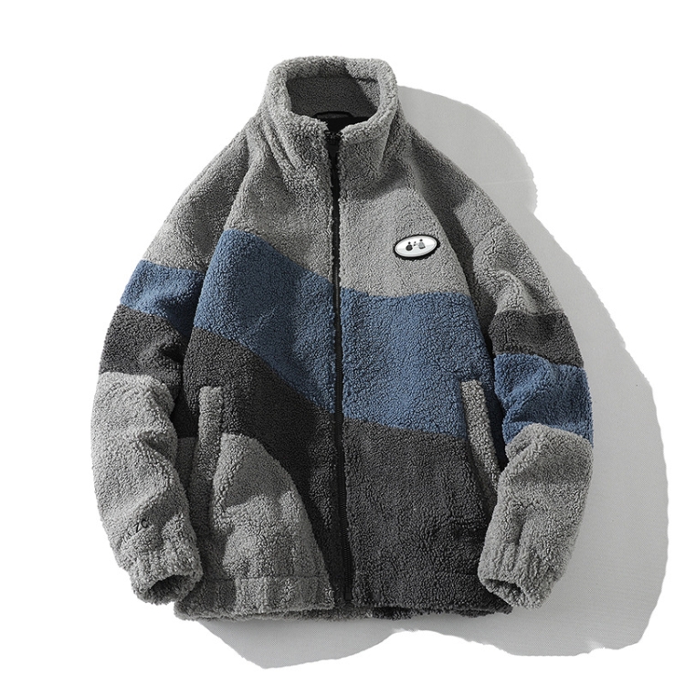 Loose Patchwork Colorblocked Lambskin Coat Men Jacket, Size: XXXL(Gray)