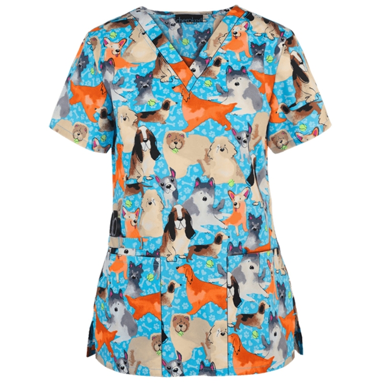 Loose Printed Hedging Thin T-shirt Nurse Uniform (Color:Blue Size:XL)
