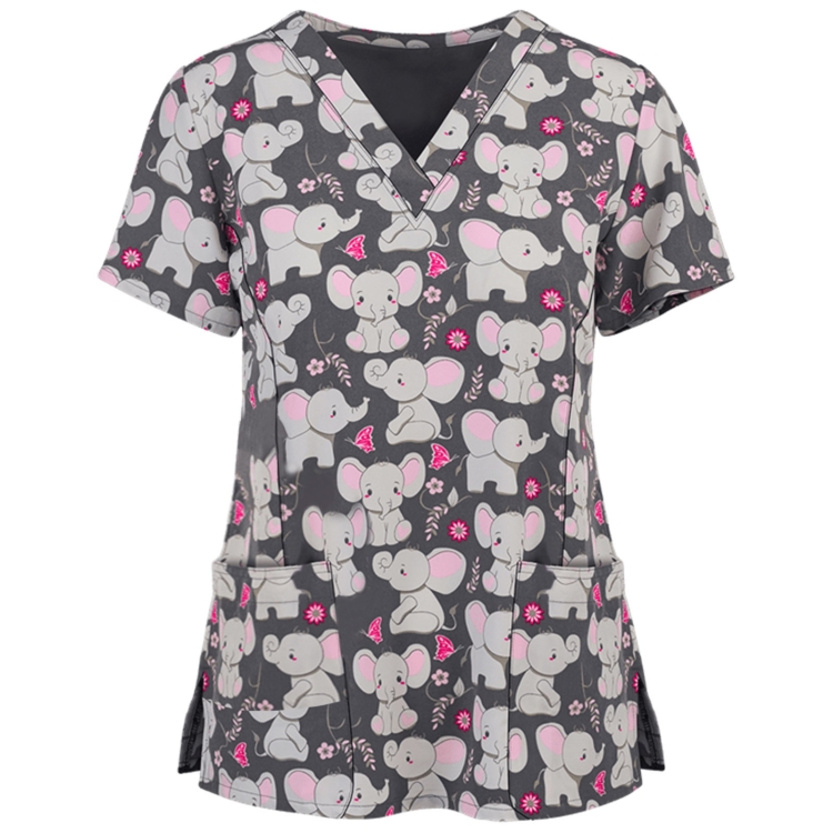Loose Printed Hedging Thin T-shirt Nurse Uniform (Color:Gray Size:XXXL)