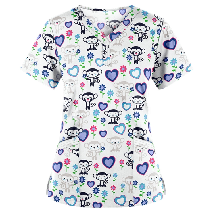 Loose Printed Hedging Thin T-shirt Nurse Uniform (Color:White Size:L)