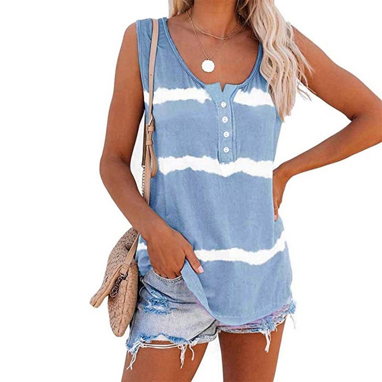 Loose Tie-dye Striped Printed Vest T-shirt for Ladies (Color:Light Blue Size:S)