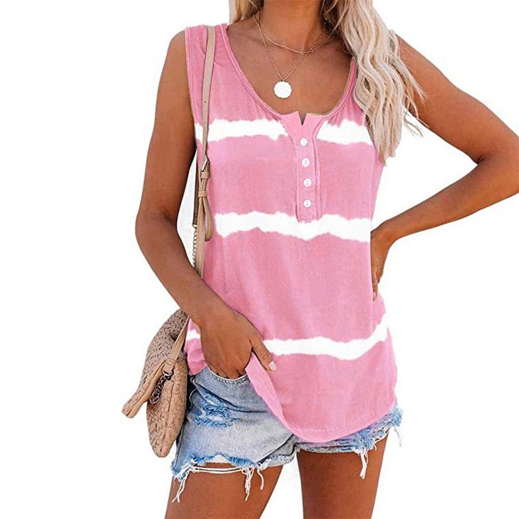 Loose Tie-dye Striped Printed Vest T-shirt for Ladies (Color:Pink Size:L)