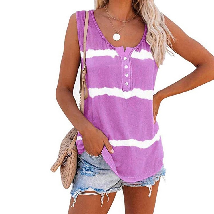 Loose Tie-dye Striped Printed Vest T-shirt for Ladies (Color:Purple Size:S)