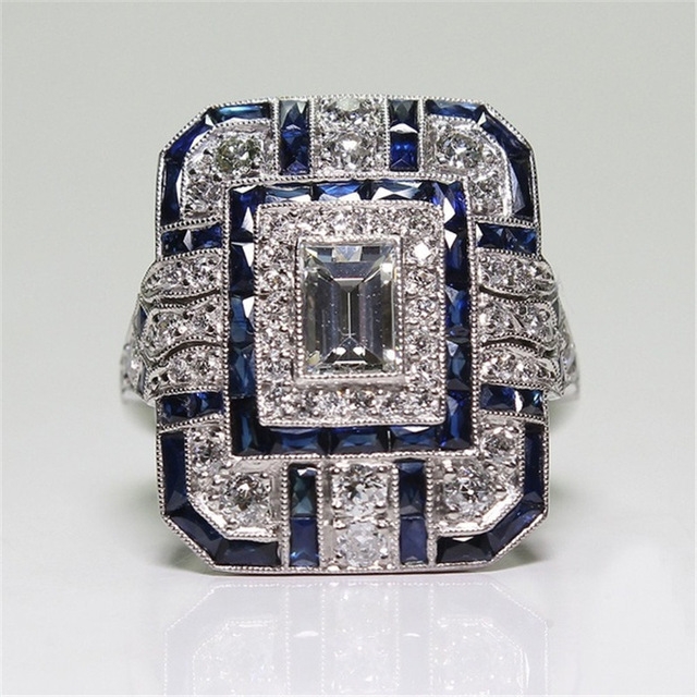 Luxury Square Women Crystal Zircon Engagement Ring, Ring Size:10(Blue)