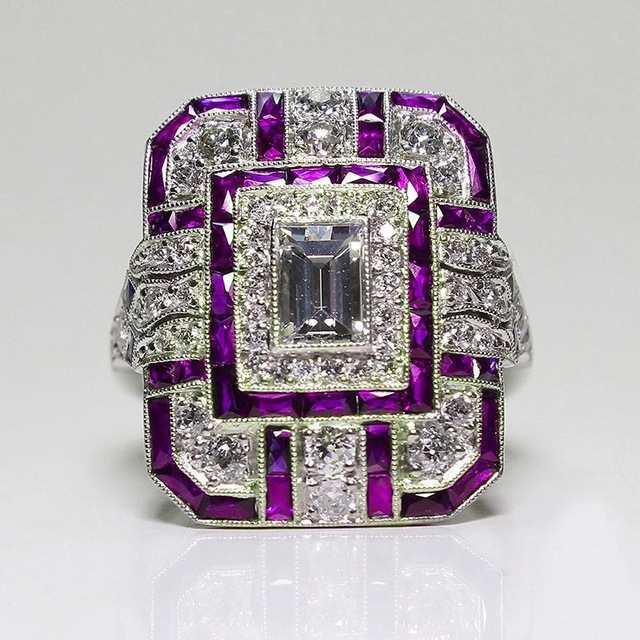 Luxury Square Women Crystal Zircon Engagement Ring, Ring Size:8(Purple)