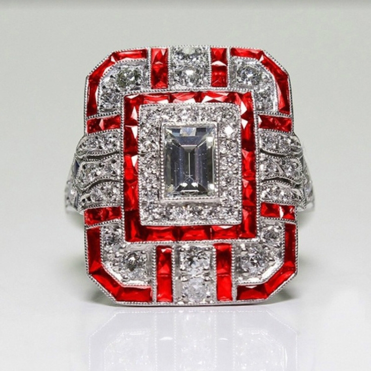 Luxury Square Women Crystal Zircon Engagement Ring, Ring Size:8(Red)