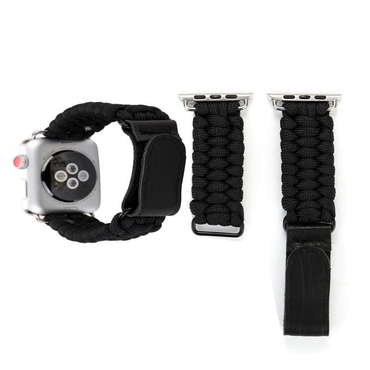 Magic Paste Genuine Leather Umbrella Rope Nylon Wrist Watch Band with Stainless Steel Buckle for Apple Watch Ultra 49mm&Watch Ultra 2 49mm / Series 10 46mm / 9&8&7 45mm / SE 3&SE 2&6&SE&5&4 44mm / 3&2&1 42mm(Black)