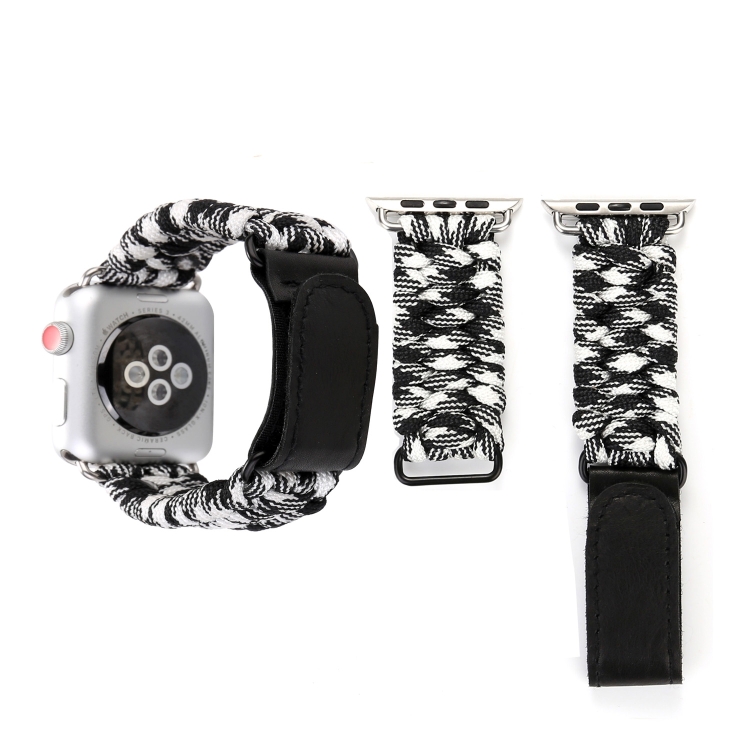 Magic Paste Genuine Leather Umbrella Rope Nylon Wrist Watch Band with Stainless Steel Buckle for Apple Watch Ultra 49mm&Watch Ultra 2 49mm / Series 10 46mm / 9&8&7 45mm / SE 3&SE 2&6&SE&5&4 44mm / 3&2&1 42mm(Black White)