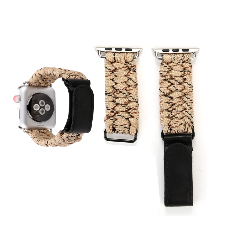 Magic Paste Genuine Leather Umbrella Rope Nylon Wrist Watch Band with Stainless Steel Buckle for Apple Watch Ultra 49mm&Watch Ultra 2 49mm / Series 10 46mm / 9&8&7 45mm / SE 3&SE 2&6&SE&5&4 44mm / 3&2&1 42mm(Gold)