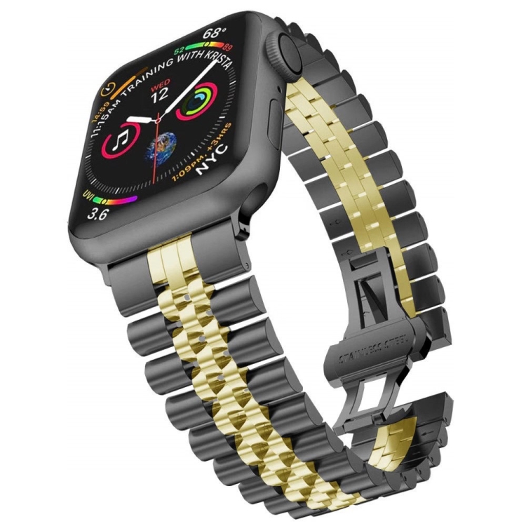 Man Five Beads Stainless Steel Watch Band, Width: 22mm For Apple Watch Series 9&8&7 41mm / SE 3&SE 2&6&SE&5&4 40mm / 3&2&1 38mm(Black + Gold)