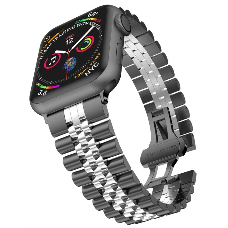 Man Five Beads Stainless Steel Watch Band, Width: 22mm For Apple Watch Series 9&8&7 41mm / SE 3&SE 2&6&SE&5&4 40mm / 3&2&1 38mm(Black + Silver)