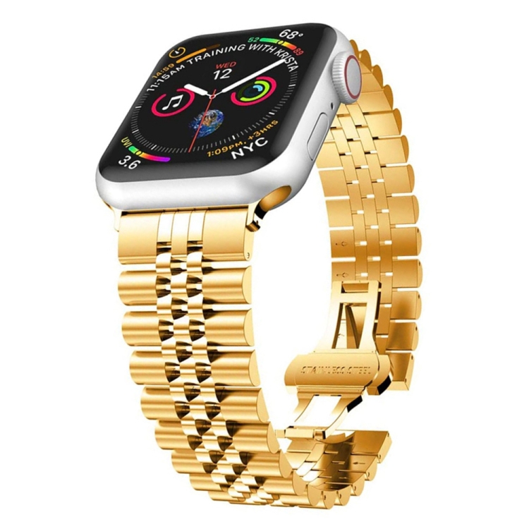 Man Five Beads Stainless Steel Watch Band, Width: 22mm For Apple Watch Series 9&8&7 41mm / SE 3&SE 2&6&SE&5&4 40mm / 3&2&1 38mm(Gold)
