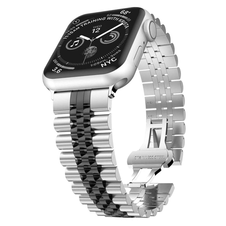 Man Five Beads Stainless Steel Watch Band, Width: 22mm For Apple Watch Series 9&8&7 41mm / SE 3&SE 2&6&SE&5&4 40mm / 3&2&1 38mm(Silver + Black)