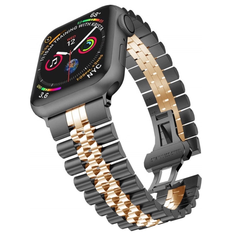 Man Five Beads Stainless Steel Watch Band, Width: 22mm For Apple Watch Ultra 49mm&Watch Ultra 2 49mm / Series 9&8&7 45mm / SE 3&SE 2&6&SE&5&4 44mm / 3&2&1 42mm(Black + Rose Gold)