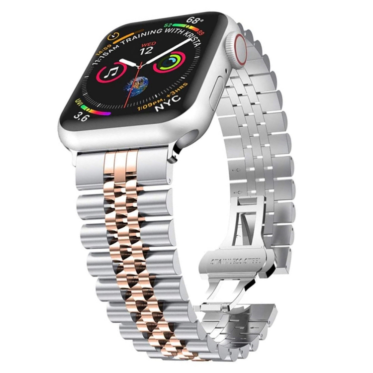 Man Five Beads Stainless Steel Watch Band, Width: 22mm For Apple Watch Ultra 49mm&Watch Ultra 2 49mm / Series 9&8&7 45mm / SE 3&SE 2&6&SE&5&4 44mm / 3&2&1 42mm(Silver + Rose Gold)
