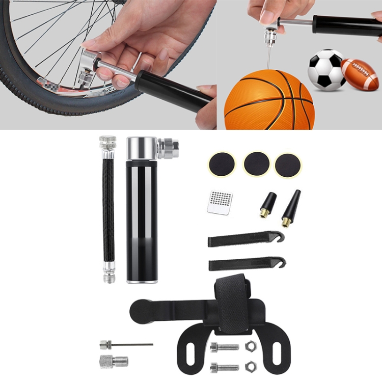 Manual Mini Portable Bicycle Aluminum Alloy Pump+ Glue-free Tire Patch + Fish-shaped Tire Lever (Black)