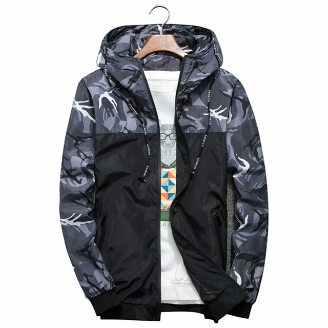 Men Bomber Jacket Thin Slim Long Sleeve Camouflage Military Jackets Hooded, Size: L(Gray)