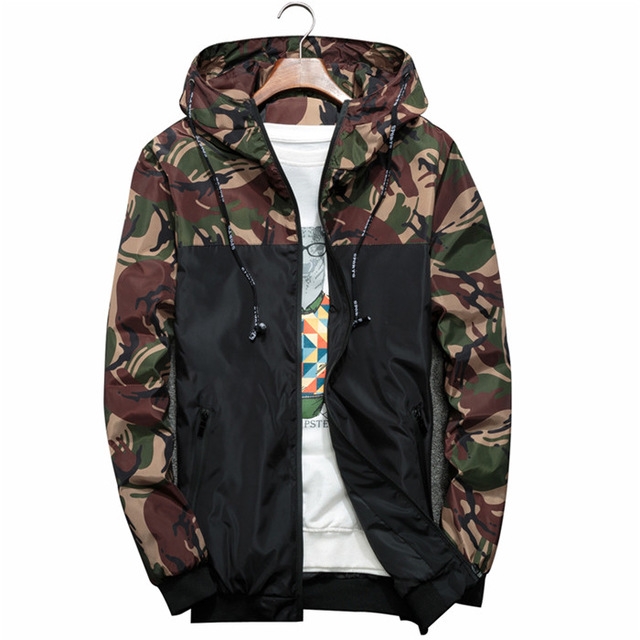 Men Bomber Jacket Thin Slim Long Sleeve Camouflage Military Jackets Hooded, Size: L(Green)