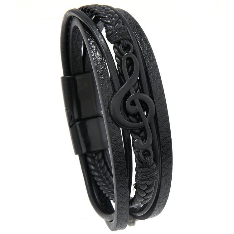 Men Braided Leather Bracelet with Musical Note Design, Magnetic Clasp Multi-Layer Wristband for Casual & Style(Black)