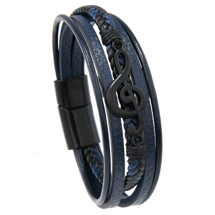 Men Braided Leather Bracelet with Musical Note Design, Magnetic Clasp Multi-Layer Wristband for Casual & Style(Deep Blue)