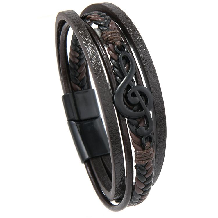 Men Braided Leather Bracelet with Musical Note Design, Magnetic Clasp Multi-Layer Wristband for Casual & Style(Deep Brown)