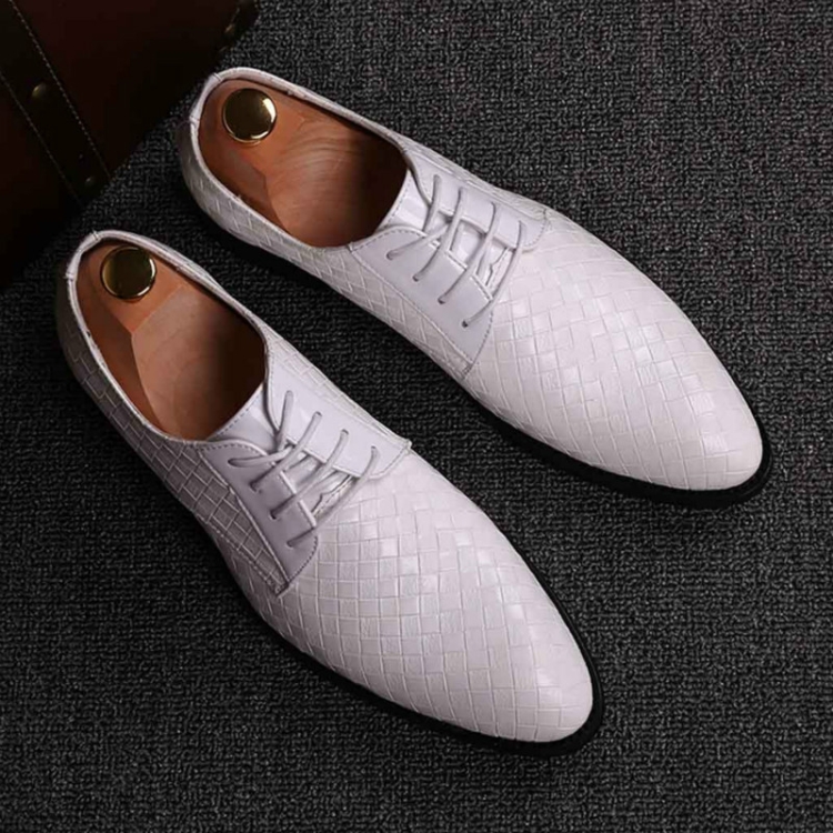 Men Business Dress Shoes Crocodile Leather Shoes Pointed Strips Brock Casual Shoes, Size:39(White)