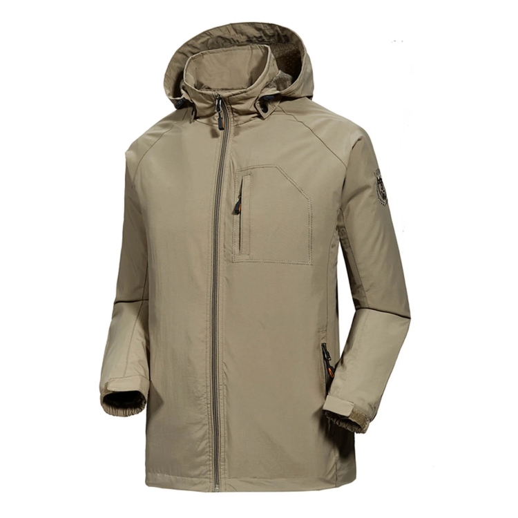Men Casual Youth Full Zip Hooded Rainproof Jacket, Size: M(Khaki)