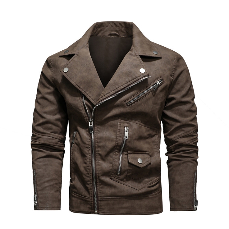 Men Fashion PU Lapel Leather Jacket, Size: 3XL(Brown)